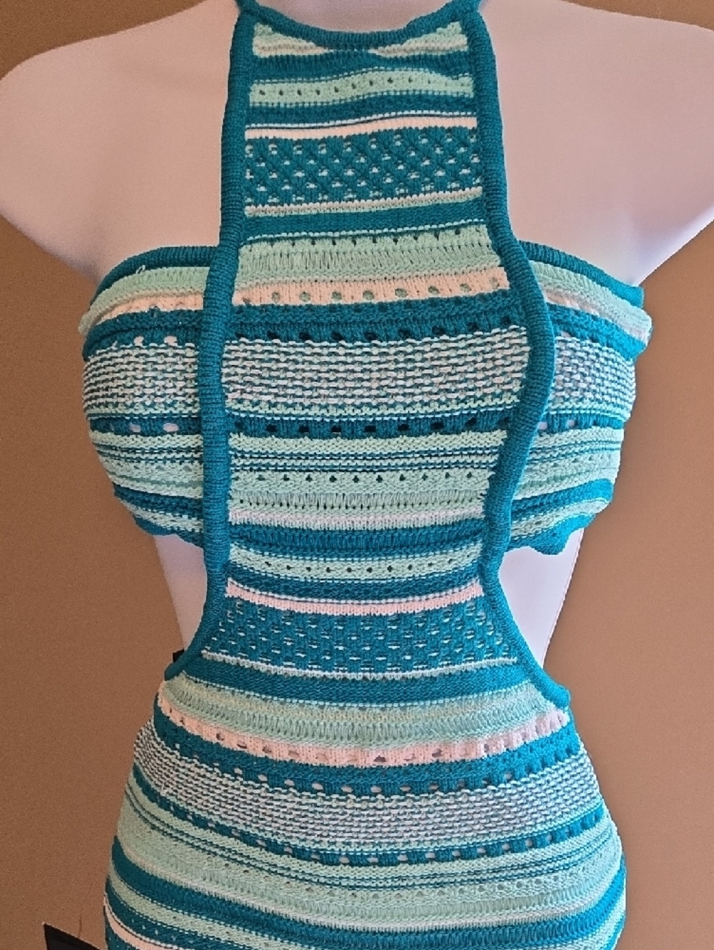 bebe Teal, Aqua & White Striped Cutout Halter Midi Dress SEXY NWT XS - Picture 3 of 9